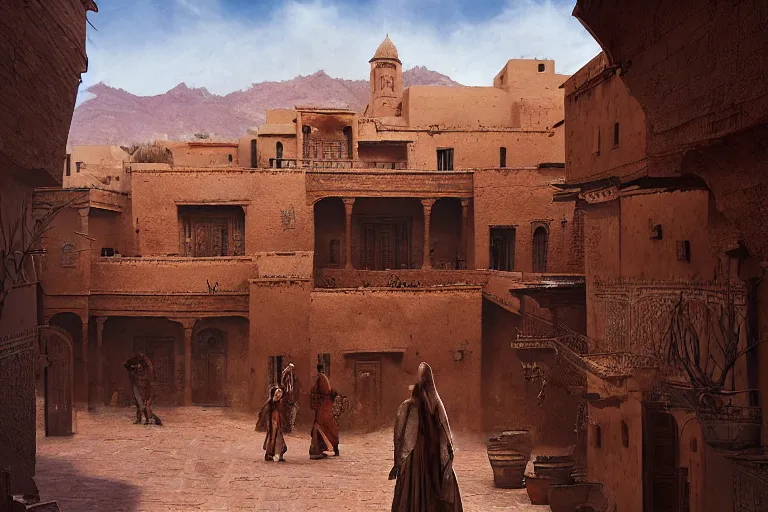 Image similar to in the middle of a adobe house kasbah town, mud and brick houses, merchant street, pueblo dense architecture, narrow streets, colorful crowd. Huge persian temple in the background with round roof, big door. Scenic view at night, underexposed, clean horizon, matte painting by craig mullins and Anato_Finnstark, dark fantasy, style of game of thrones, concept art trending on artstation, 4k, insane details