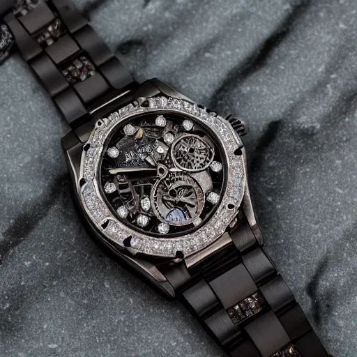 Image similar to vvs diamond alexandrite watch, intricate design, rolex, cogs and gears, steampunk watch, richard mille, promotional photo, 8 k photography