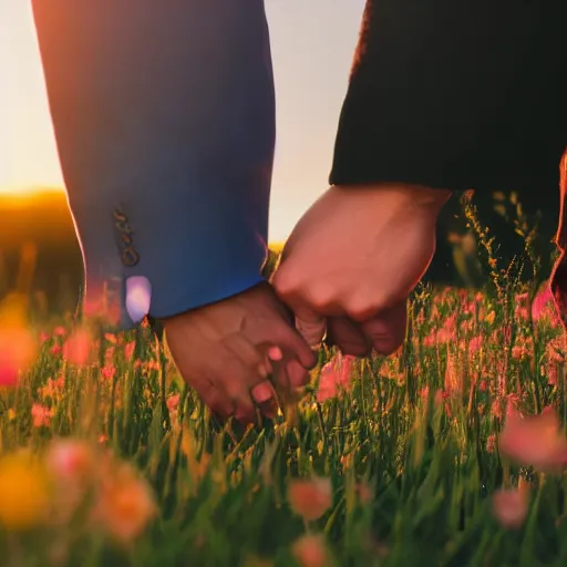 Prompt: a gay couple holding hands in a field of flowers at sunset, realistic, intricate, 4k