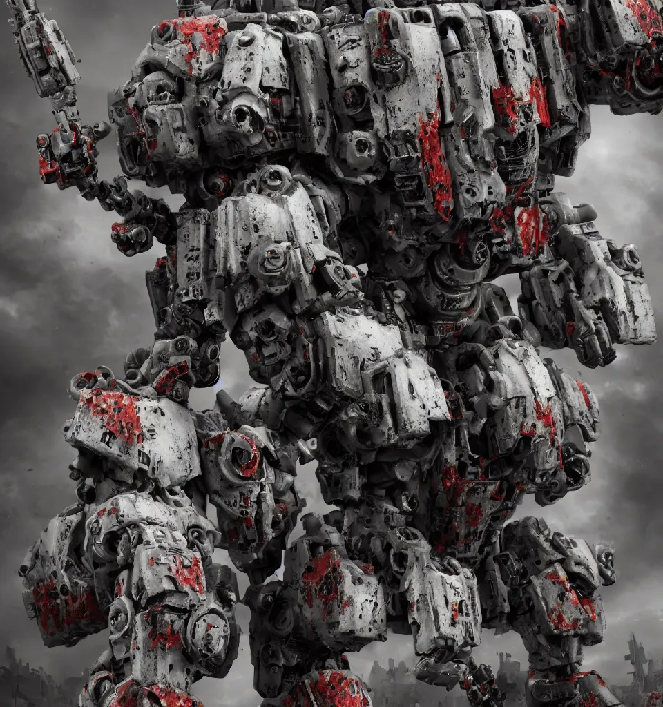 Image similar to cinematic still of a zombie heavy mech military space marine, by kow yokoyama, maschinen krieger, hobby japan, stormy post apocalyptic cyberpunk gothic city, highly detailed, shot with canon 5 d mark ii, face detail, rob bottin, rick baker, jordu schell, artstation, cg society, soft illumination