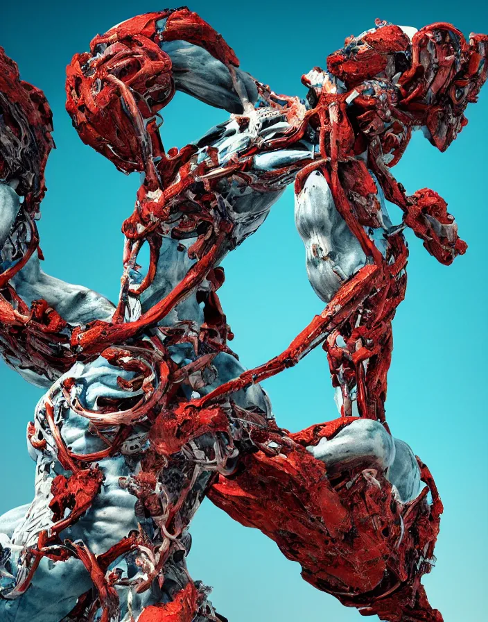 Prompt: positing on rock Apollon sculpture with many biomechanical details, full lenght view. white plastic, skull, muscles, tumors, veins, biomech. halo. octane rendering, cinematic, hyperrealism, octane rendering, 8k, depth of field, bokeh. iridescent accents. vibrant. teal gold and red color scheme