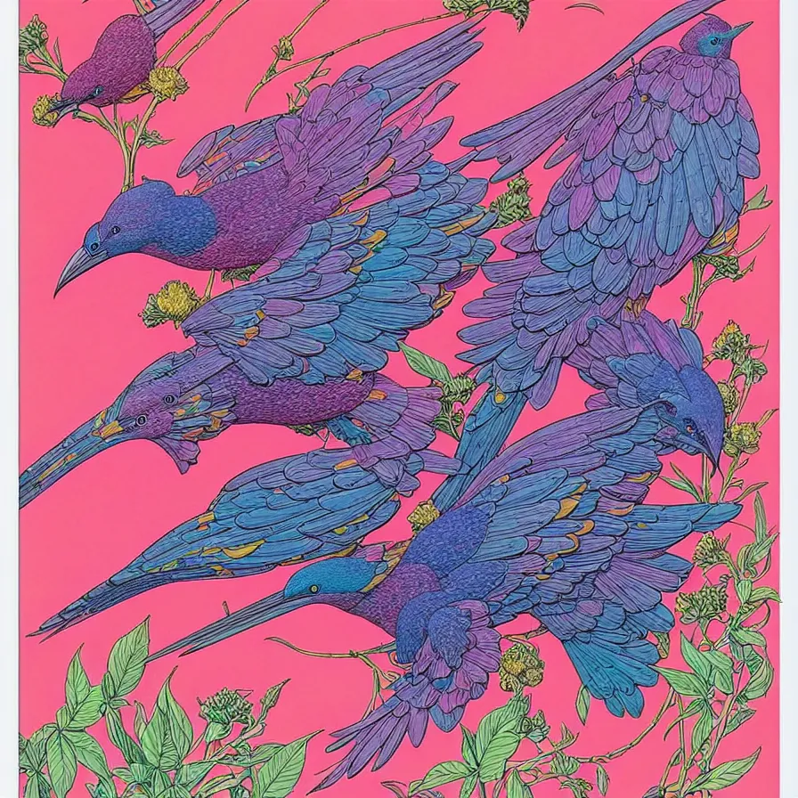 Image similar to ( ( ( ( beautiful flowers and birds, with decorative frame design ) ) ) ) by mœbius!!!!!!!!!!!!!!!!!!!!!!!!!!!, overdetailed art, colorful, artistic record jacket design