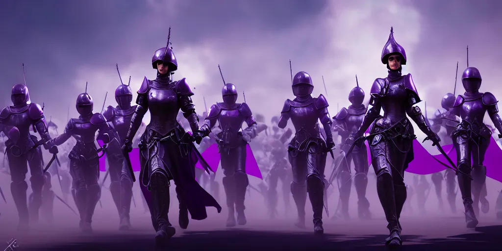 Image similar to painting of lady in purple leading an army of riding knights, hyper - realistic, unreal engine, octane render, digital art, trending on artstation, 8 k, detailed, atmospheric, immaculate