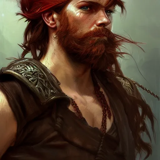 Image similar to portrait of a young rugged pirate, male, masculine, upper body, red hair, long hair, d & d, fantasy, intricate, elegant, highly detailed, digital painting, artstation, concept art, matte, sharp focus, illustration, art by artgerm and greg rutkowski and alphonse mucha