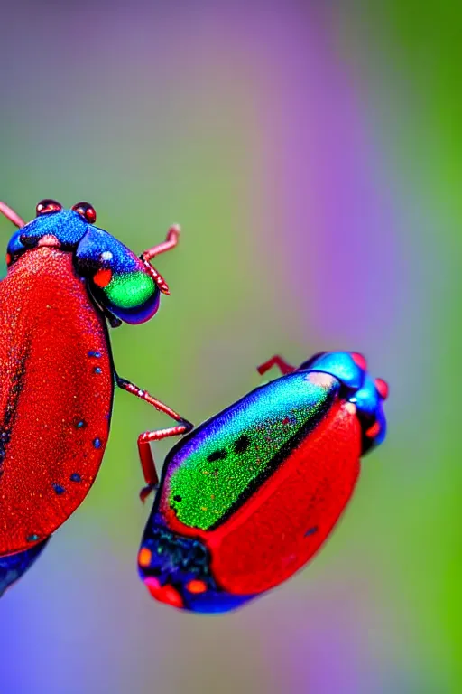 Image similar to high quality macro photo iridescent Red spotted jewel beetles! gorgeous highly detailed david ligare elson peter cinematic blue lighting high quality low angle hd 8k sharp shallow depth of field