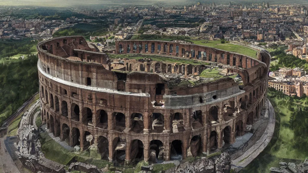 Prompt: fully built roman colosseum far away with many roman buildings and roman roads surrounding it and closer, volumetric lighting, beautiful scenery, hd, hdr, cinematic 4 k wallpaper, 8 k, detailed, high resolution, artstation, early medieval, roman, colosseum