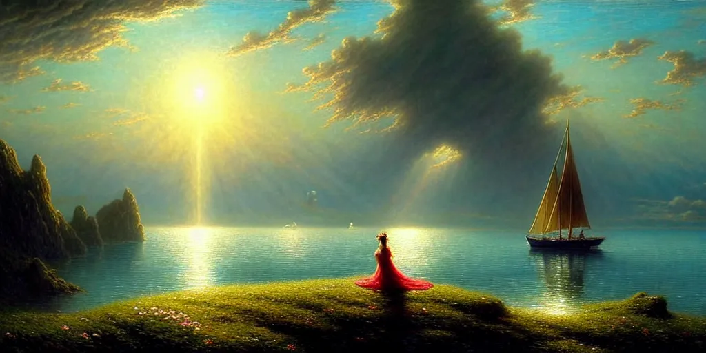 Prompt: an elegant fairy queen in a blue lace dress dancing looking out at a lord of the rings scenery landscape, staring across the sea at a sail boat, sunrise, god's rays highly detailed, vivid colour, soft clouds, floral sunset, cinematic lighting, perfect composition, gustave dore, derek zabrocki, greg rutkowski, belsinski