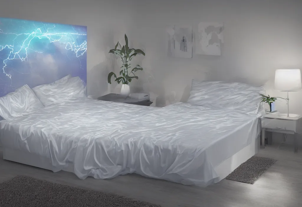 Image similar to curved translucent bedsheets with detailed florida storm weathermap, pixel perfect photograph, high contrast, volumetric lighting, thin glowing lights, bedroom, visor, users, pair of keycards on table