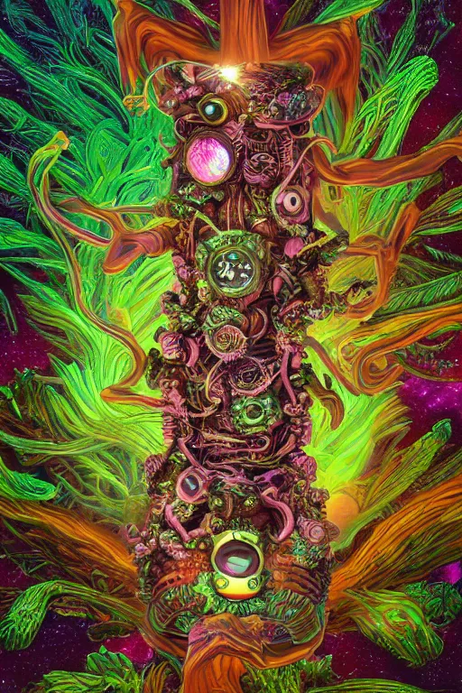 Image similar to creature sushi roots cactus elemental flush of force nature micro world fluo light deepdream a wild amazing steampunk baroque ancient alien creature, intricate detail, colorful digital painting radiating a glowing aura global illumination ray tracing