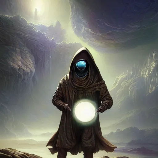 Image similar to masked nomad male wearing a cloak on an alien world and holding a holographic planet projection in his hand, detailed, sci - fi, digital painting, artstation, sharp focus, illustration, ominous, artgerm, tomasz alen kopera, peter mohrbacher, donato giancola, joseph christian leyendecker, wlop, frank frazetta