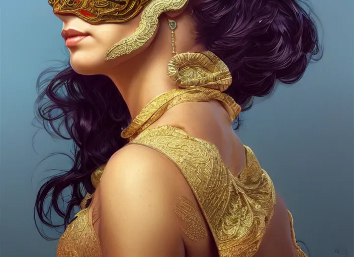 Image similar to masked, perfectly-centered-Portrait of the most beautiful woman on the planet , intricate, highly detailed, artstation, concept art, concept render, octane, redshift, smooth, sharp focus, illustration,award-winning, Unreal Engine 5, 8K, art by artgerm and greg rutkowski and alphonse mucha