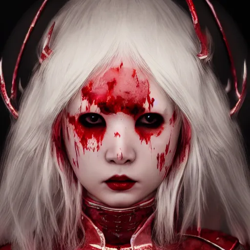 Image similar to beautiful albino Asian girl armor covered in blood, unreal engine octane, red and white, portrait, gliter, depth of field, 8k, hyper detailed