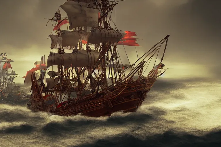 Prompt: epic pirate ship cannon battle in a storm, in the style of vernon grant and chris van allsburg, trending on artstation, bright tilt - shift camcorder effect, photoshop, retrowave, hyperrealism, octane, sharp focus, masterpiece