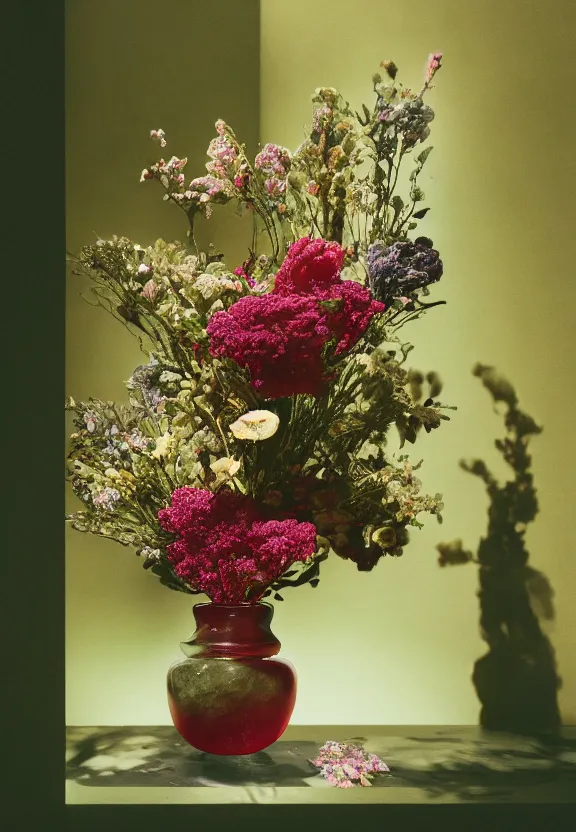 Image similar to a floral bouquet made out of gemstone crystals, in an elaborate jade vase sitting in a gloomy candlelit cabin under a narrow spotlight, hyperrealism, shot on film