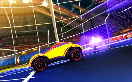 Image similar to rocket league goal, car soccer, ball exploding, dramatic lighting, moody lighting, muted color, 4 k, hq, octane render, dynamic angle, marketing, promotional.