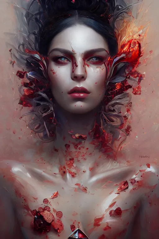 Prompt: beautifulmodel face covered with blood diamonds wearing fire velvet, diamonds, angel, fantasy, dramatic lighting, highly detailed, digital painting, magic the gathering, hyper detailed, 3 d render, hyper realistic detailed portrait, peter mohrbacher, wlop, ruan jia