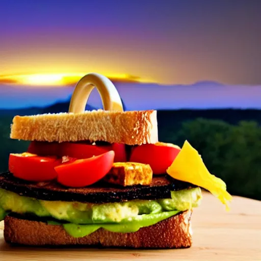 Image similar to sandwich with fried tofu, one tomato slice, one onion ring, avocado and melted cheddar, over a dish and over a table, with a sunset and rainbow in the background with saturn and stars in the sky