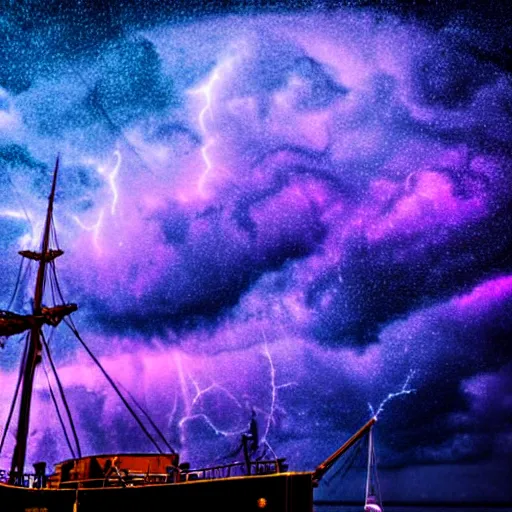 Image similar to purple color lighting storm with stormy sea, pirate ship firing its cannons real life trippy nebula sky 50mm shot