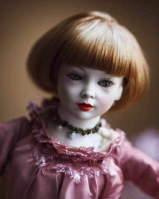 Prompt: high quality presentation photo of young Shirley MacLaine as a porcelain doll, photography 4k, f1.8 anamorphic, bokeh, 4k, Canon, Nikon