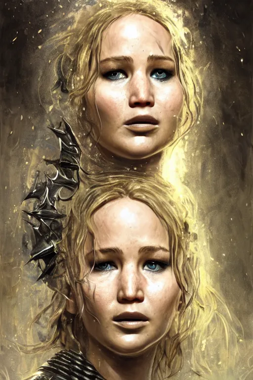 Image similar to jennifer lawrence, legendary warrior, heroic fighter, lord of the rings, tattoos, decorative ornaments, battle armor, omar ortiz, carl spitzweg, ismail inceoglu, vdragan bibin, hans thoma, greg rutkowski, alexandros pyromallis, perfect face, sharply detailed, centered, rule of thirds, realistic shading, photorealism