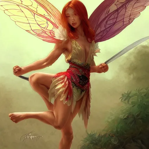 Image similar to beautiful natural fairy winged redhead martial artist fantasy fairy cute karate fey fae muscular body fairy summer spring seasons cruel bloody killer, kung fu, vivid colors, intricate, elegant, highly detailed, digital painting, artstation, concept art, smooth, sharp focus, illustration, art by artgerm and greg rutkowski and alphonse mucha and loish and wlop