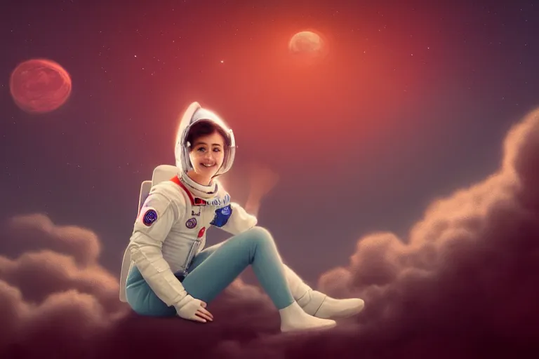 Image similar to a cute astronaut girl sitting on a cloud relaxing, misty, digital art, hazy, foggy, red lighting, ambient lighting, 8 k,