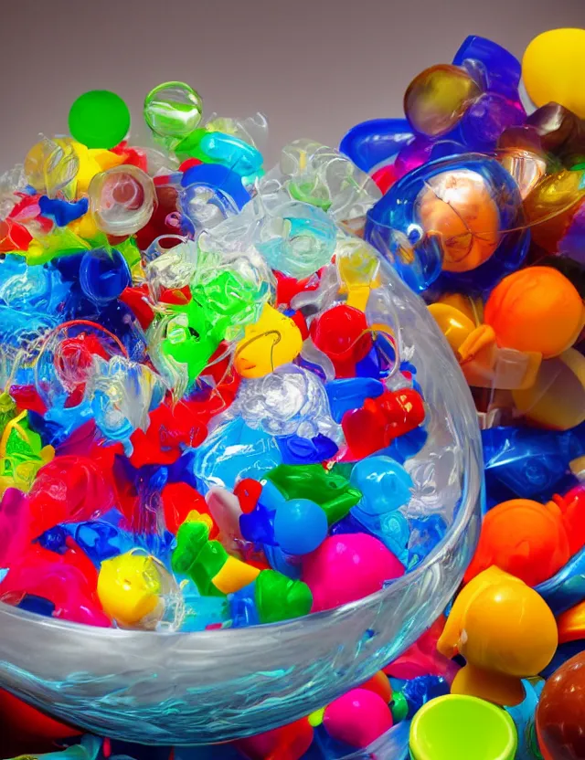 Image similar to a well - lit studio photograph of various plastic toys floating in a bowl of water, some smooth, some wrinkled, some long, various sizes, textures, and transparencies, beautiful, smooth, detailed, inticate