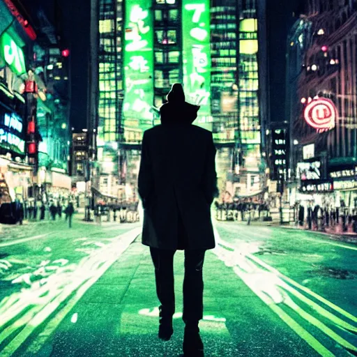 Image similar to an anthromorphic bipedal frog, dressed in a trenchcoat, walking through neon - illuminated city streets at night.