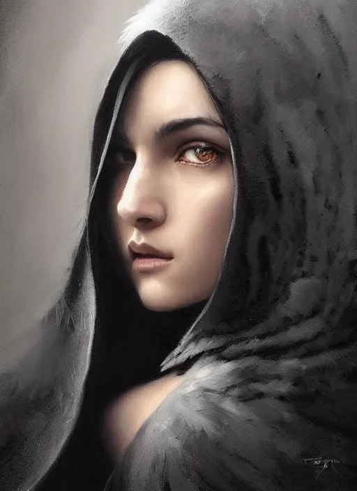 Image similar to a teenage girl with very short black hair and a huge cloak made of grey and black feathers. beautiful highly detailed face. beautiful painting by artgerm and greg rutkowski and raymond swanland, portrait