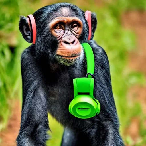 Prompt: a high quality photo of a green chimp wearing headphones, realism, 8k