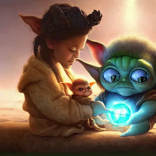 Image similar to gizmo mogwai and baby yoda are best friends, cinematic composition, epic dramatic lighting, realistic, hyperdetailed, photorealistic, photograph, epic scale by gaston bussiere