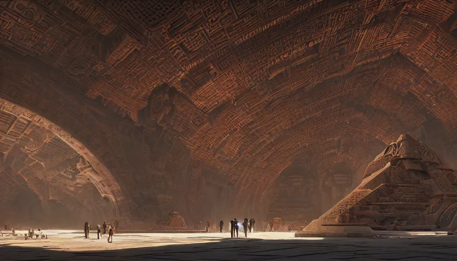 Image similar to the inside of a monument with aztec motifs, by tim blandin and arthur haas and bruce pennington and john schoenherr, big windows architecture by zaha hadid, octane render, cinematic, scenery, cgsociety, modernism, futuristic, trending on artstation, sci - fi, high detail, high quality, close up angle, people walking