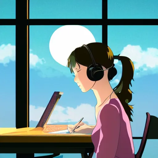 Prompt: a beautiful side view portrait of a beautiful girl sitting on her desktop writing something, headphones on, hand on her chin, nightlamp, digital art, anime, studio ghibli style, window and city background