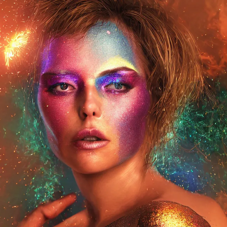 Image similar to wide angle octane render by wayne barlow and carlo crivelli and glenn fabry, the face of a beautiful woman wearing dramatic colorful iridescent glittery facepaint surrounded by smoke and exploding rubble, volumetric lighting and light rays, cinema 4 d, ray traced lighting, very short depth of field, bokeh