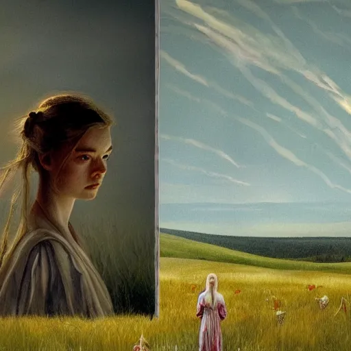 Image similar to Elle Fanning in the painted world of Midsommar, head and shoulders masterpiece, apocalypse, golden hour, cosmic horror, artstation, in the style of Andrew Wyeth and Edward Hopper and Bosch, extremely detailed