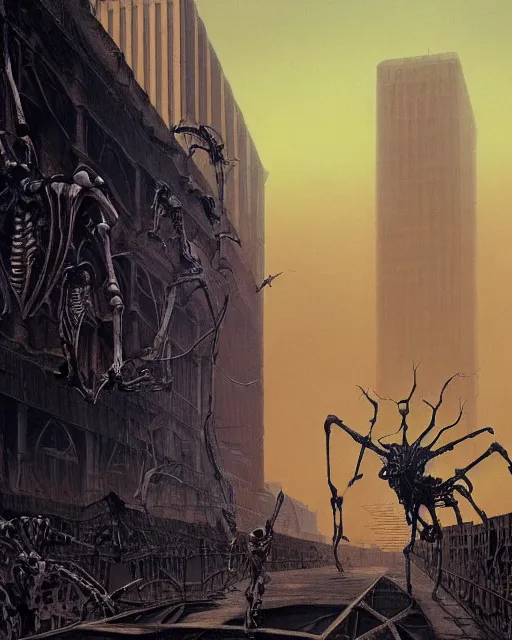 Prompt: a huge human skeleton looming over a city provoking an unsettling & foreboding emotion as citizens run in fear, photorealism by Wayne Barlowe