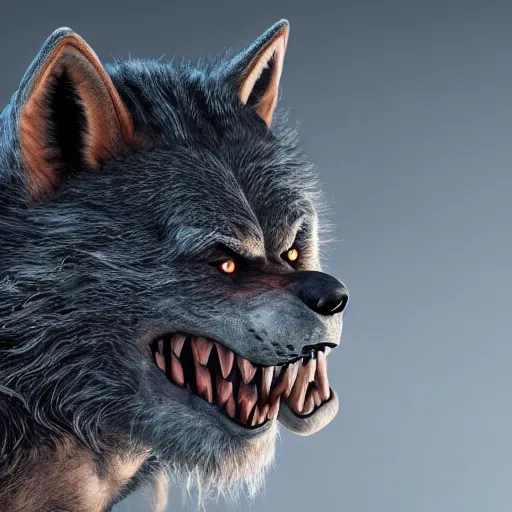 Image similar to portrait of man transforming into a werewolf with grey realistic fur, high detail, hyper realism, unreal engine, 8 k