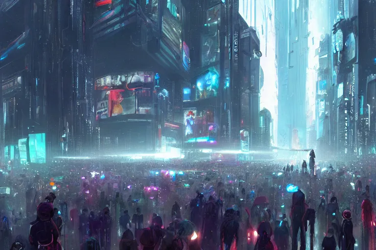 Prompt: dramatic artstation illustration of a crowd surrounding a giant holographic avatar at a city intersection by greg rutkowski, cyberpunk, raining