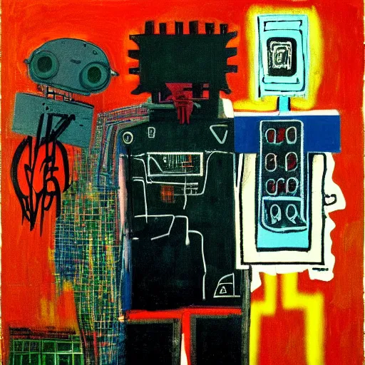 Prompt: a cyberpunk medic robot , by Jean-Michel Basquiat and Rembrandt and Francisco Goya , constructivism , detailed painting , cubist