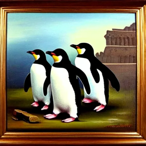 Prompt: spanish conquistador penguins visit rome, oil painting, portrait