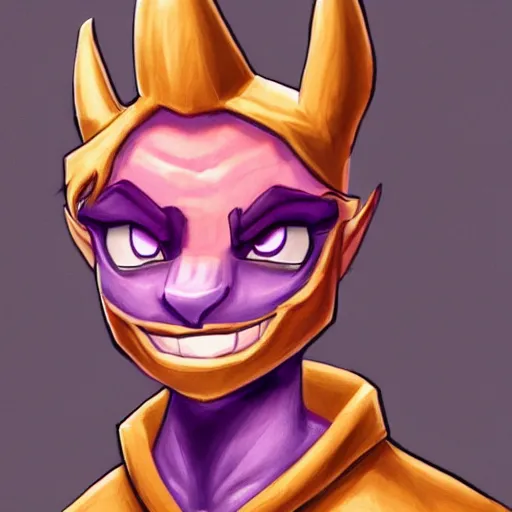 Prompt: spyro the dragon drawn as a normal human, just an ordinary man with human skin and hair, intricate digital artwork, trending on artstation