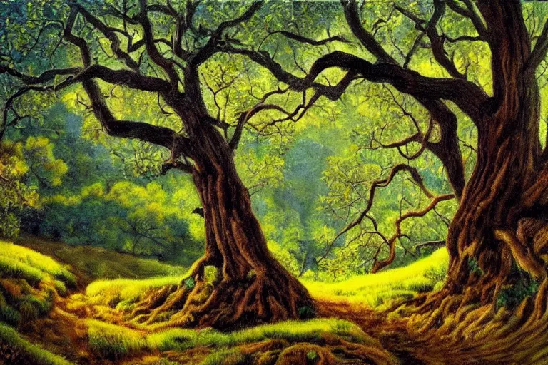 Image similar to masterpiece painting of oak trees on a hillside overlooking a creek, dramatic lighting, by kinuko craft