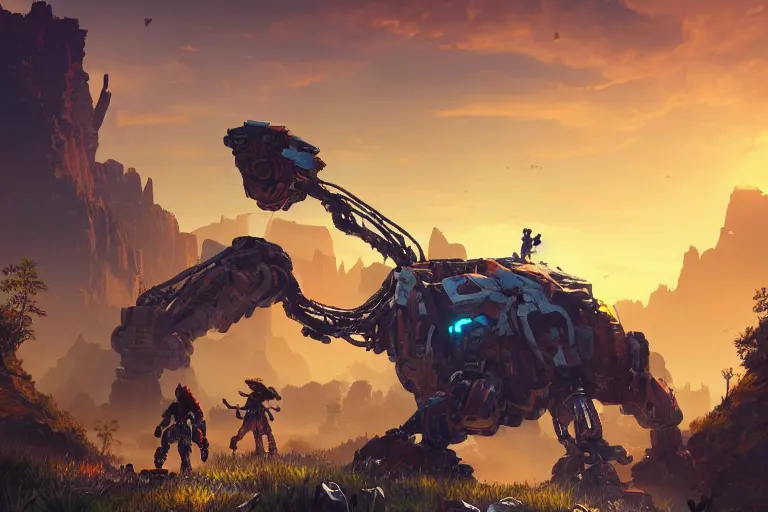 Image similar to rockbreaker machine mecanical creature robot of horizon forbidden west horizon zero dawn radiating a glowing aura global illumination ray tracing hdr fanart arstation by ian pesty and alena aenami artworks in 4 k