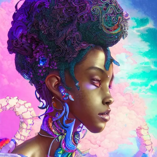 Prompt: the portrait of the absurdly beautiful, graceful, elegant, sophisticated, sensual black young anime goddess made of rainbow crystals, an ultrafine hyperdetailed illustration by kim jung gi, irakli nadar, intricate linework, bright colors, octopath traveler, final fantasy, unreal engine 5 highly rendered, global illumination, radiant light, intricate environment