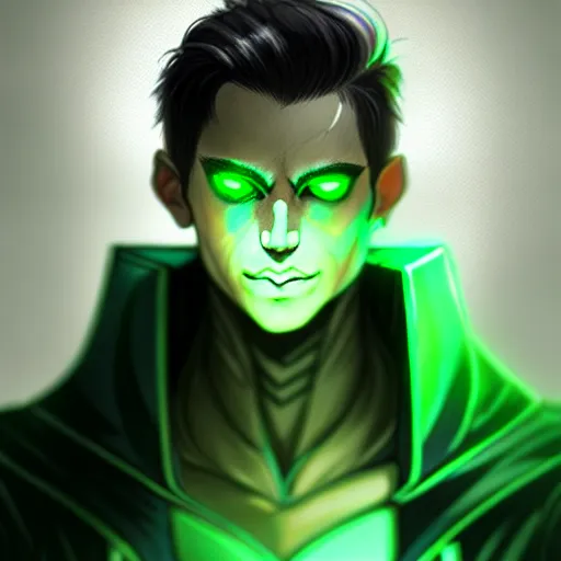 Prompt: a highly detailed portrait of a man with dark green hair and green glowing eyes, high detail clothing, concept art, anime, artstation, professional