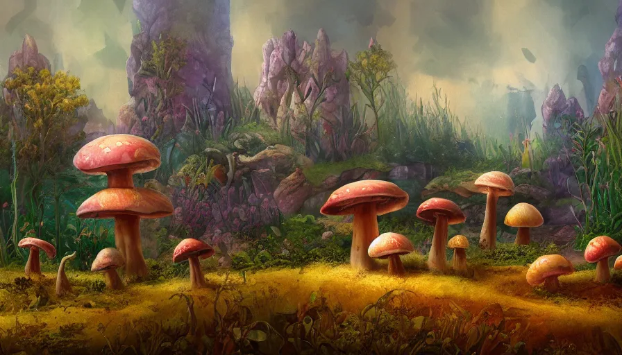 Prompt: a society of many different sentient mushrooms, landscape painting, fantasy, surrealism, plants and nature, warm lighting