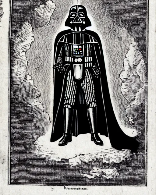 Prompt: b & w woodcut illustration of darth vader from the nuremberg chronicle, 1 4 9 3, restored, hq scan