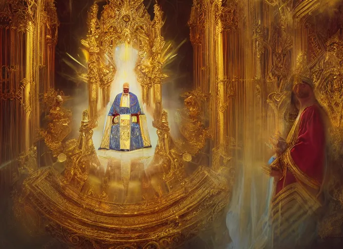 Prompt: worship of the pope, royal robe, gold trim, mysticism, close - up, light effect, hyper detailed, intricate, atmospheric, elegant, photorealistic by paul lehr, marco mazzoni, featured on cgsociety, rococo, whimsical, artstation