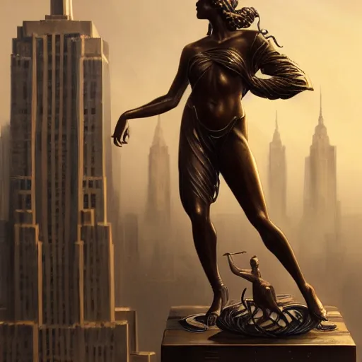 Image similar to a bronze sculpture stands as the centerpiece of futuristic art deco new york city, fantasy, intricate, elegant, digital painting, trending on artstation, concept art, sharp focus, illustration by greg rutkowski, Gaston Bussiere and artgerm, 4k.