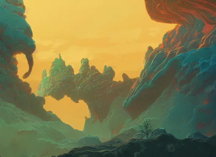 Image similar to psychedelic art of a landscape made of dragons, detailed, cel shaded, by makoto shinkai and moebius and anton fadeev and james gurney